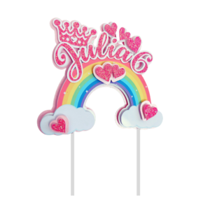 Personalisierter Papier-Cake-Topper - Bunter Regenbogen mit Herzchen und Krone
