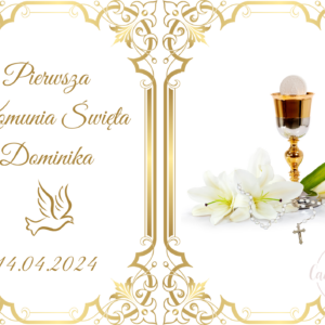 Personalisierbarer Essbarer Tortenaufleger für Kommunion mit Goldenem Rahmen und Eucharistischen Symbolen