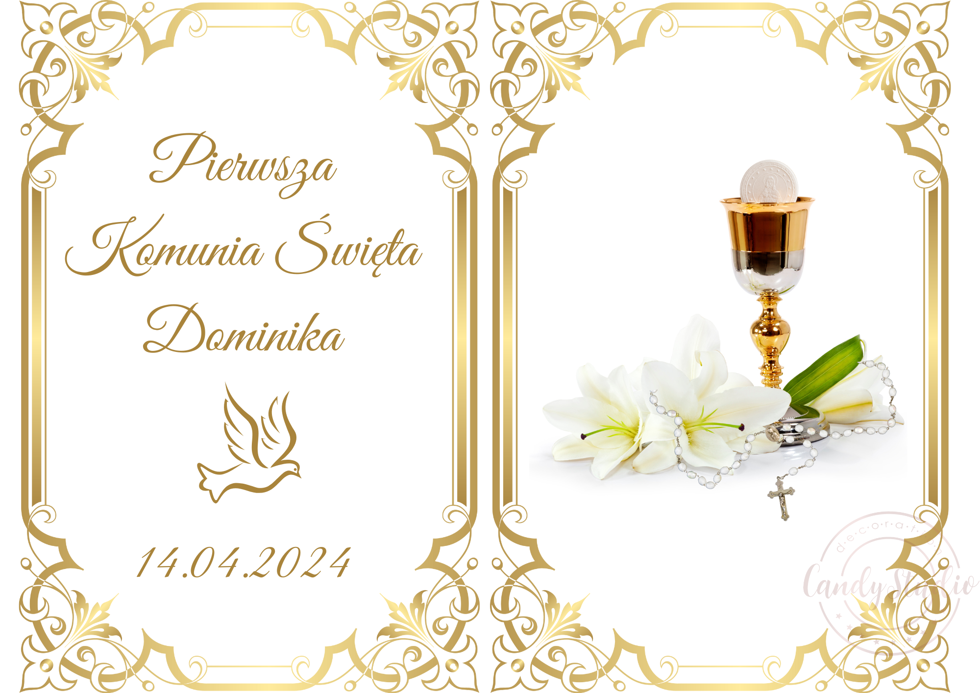 Personalisierbarer Essbarer Tortenaufleger für Kommunion mit Goldenem Rahmen und Eucharistischen Symbolen