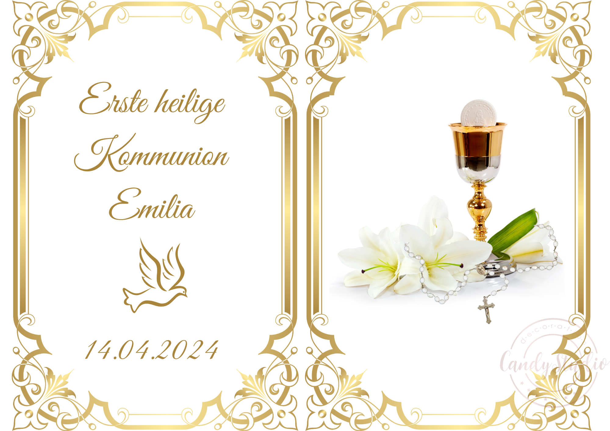 Personalisierbarer Essbarer Tortenaufleger für Kommunion mit Goldenem Rahmen und Eucharistischen Symbolen – Bild 2