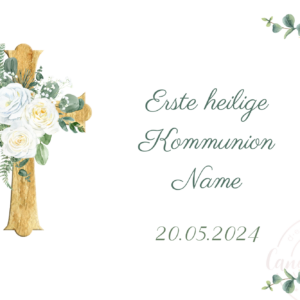 Essbarer Tortenaufleger - Kommunion mit Weißen Rosen und Eukalyptusblättern