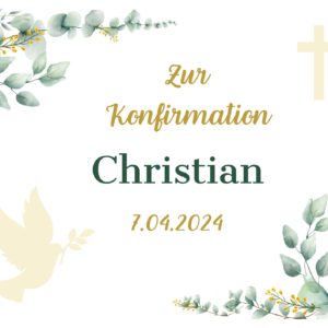 Personalisierbarer Essbarer Tortenaufleger für Kommunion oder Konfirmation mit Eucalyptus-Motiv