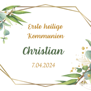 Personalisierbarer Essbarer Ausdruck für Kommunion oder Konfirmation mit Eukalyptusmotiv und Goldrahmen